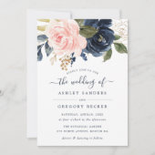 Floral Blush & Navy Elegante Typografie Uitnodigin Kaart (Voorkant)