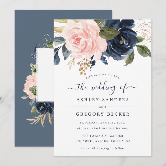 Floral Blush & Navy Elegante Typografie Uitnodigin Kaart (Voorkant / Achterkant)