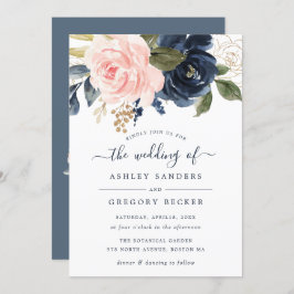 Floral Blush & Navy Elegante Typografie Uitnodigin Kaart