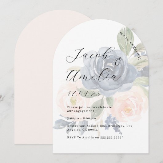 Floral Blush Navy Modern Arch Engagement Party Kaart (Voorkant / Achterkant)