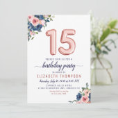 Floral Blush Navy Roos Gold Balloons 15th Birthday Kaart (Staand voorkant)