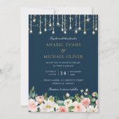Floral Blush Navy String Lights Elegant Wedding Kaart (Voorkant)