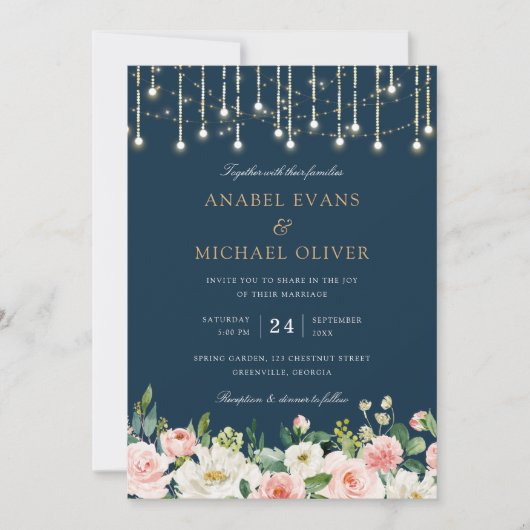Floral Blush Navy String Lights Elegant Wedding Kaart (Voorkant)