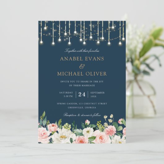 Floral Blush Navy String Lights Elegant Wedding Kaart (Staand voorkant)
