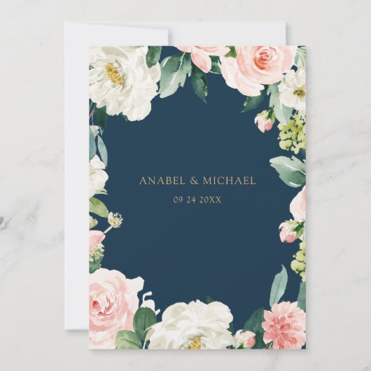 Floral Blush Navy String Lights Elegant Wedding Kaart (Achterkant)