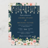 Floral Blush Navy String Lights Elegant Wedding Kaart (Voorkant / Achterkant)