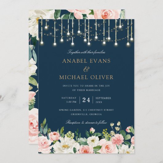 Floral Blush Navy String Lights Elegant Wedding Kaart (Voorkant / Achterkant)