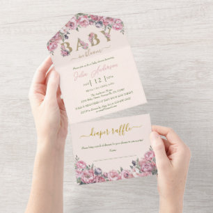 Floral Blush Peach Roze Roses Boho Baby shower All In One Uitnodiging