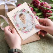 Floral Blush Peach Schattige Bunny Girl Eerste Ver Kaart