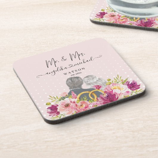 Floral Blush Peonies Trendy Script Mr. en Mrs. Bier Onderzetter (Linkerzijde)