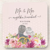 Floral Blush Peonies Trendy Script Mr. en Mrs. Bier Onderzetter (Voorkant)