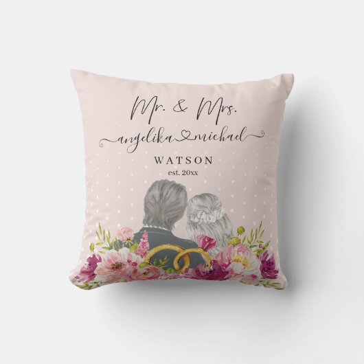 Floral Blush Peonies Trendy Script Mr. en Mrs. Kussen (Voorkant)