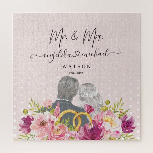 Floral Blush Peonies Trendy Script Mr. en Mrs. Legpuzzel (Verticaal)