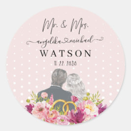 Floral Blush Peonies Trendy Script Mr. en Mrs. Ronde Sticker