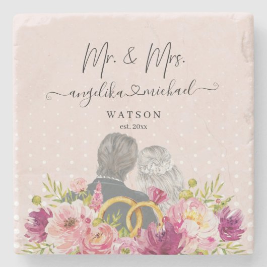 Floral Blush Peonies Trendy Script Mr. en Mrs. Stenen Onderzetter (Voorkant)