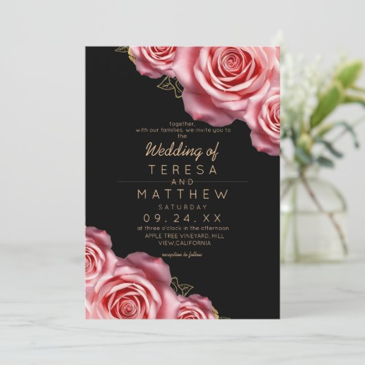 Floral Blush Pink and Black Modern Wedding Kaart (Staand voorkant)