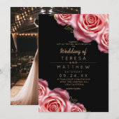 Floral Blush Pink and Black Modern Wedding Kaart (Voorkant / Achterkant)