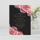 Floral Blush Pink and Black Modern Wedding Kaart (Staand voorkant)
