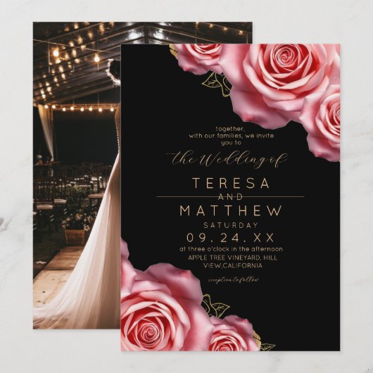 Floral Blush Pink and Black Modern Wedding Kaart (Voorkant / Achterkant)