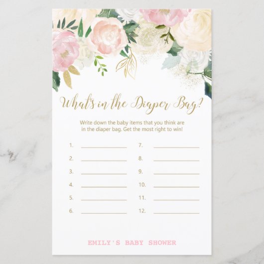 Floral Blush Pink and Gold Baby shower Game PRINT (Voorkant)