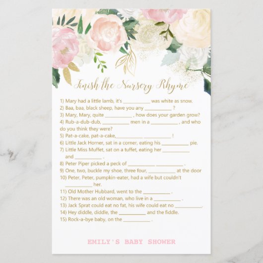 Floral Blush Pink and Gold Baby shower Game PRINT (Voorkant)