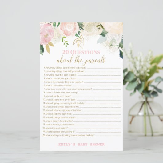 Floral Blush Pink and Gold Baby shower Game PRINT (Staand voorkant)