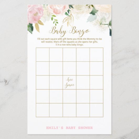 Floral Blush Pink and Gold Baby shower Game PRINT (Voorkant)