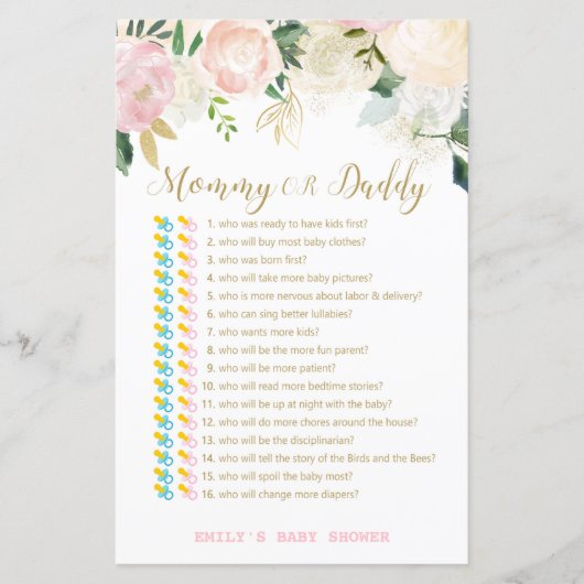 Floral Blush Pink and Gold Baby shower Game PRINT (Voorkant)