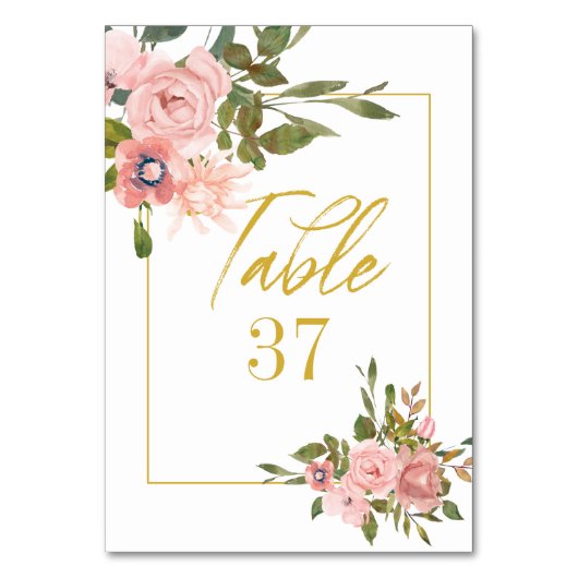 Floral Blush Pink and Gold Wedding Table Number Kaart (Voorkant)