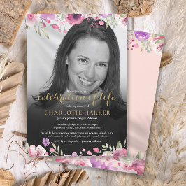 Floral Blush Pink Black en White Photo Funeral Kaart