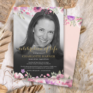 Floral Blush Pink Black en White Photo Funeral Kaart