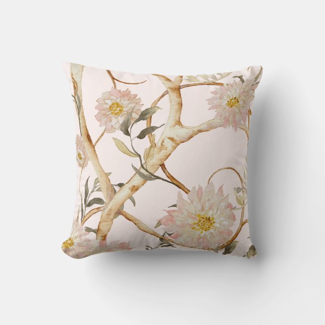 Floral Blush Pink Chinoiserie Waterverf Decor  Kussen (Voorkant)