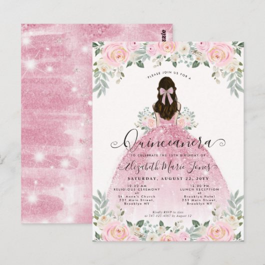 Floral Blush Pink Dress 15th Birthday Quinceanera Briefkaart (Voorkant / Achterkant)