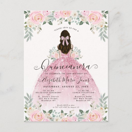 Floral Blush Pink Dress 15th Birthday Quinceanera Briefkaart (Voorkant)