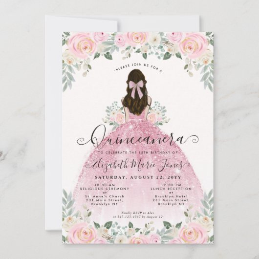 Floral Blush Pink Dress 15th Birthday Quinceanera Kaart (Voorkant)