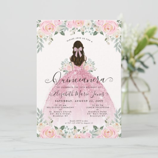 Floral Blush Pink Dress 15th Birthday Quinceanera Kaart (Staand voorkant)