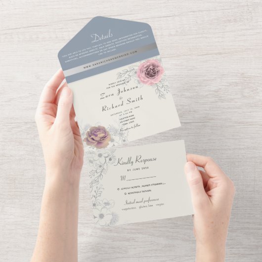 Floral Blush Pink en Dusty Blue Wedding All In One Uitnodiging (Afscheurbaar)