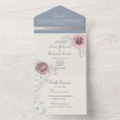 Floral Blush Pink en Dusty Blue Wedding All In One Uitnodiging (Binnen)