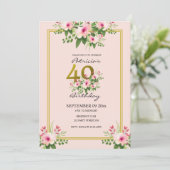 Floral Blush Pink en Gold 40th Birthday Kaart (Staand voorkant)