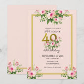 Floral Blush Pink en Gold 40th Birthday Kaart (Voorkant / Achterkant)