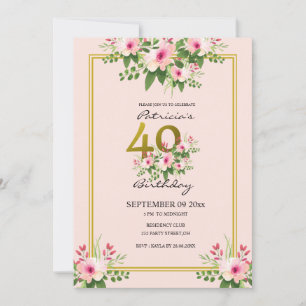  Floral Blush Pink en Gold 40th Birthday Kaart