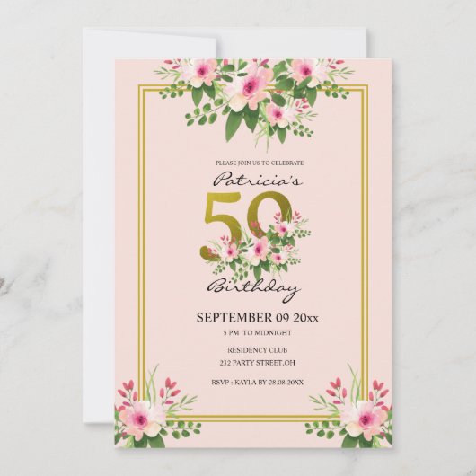  Floral Blush Pink en Gold 50th Birthday Kaart (Voorkant)