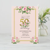  Floral Blush Pink en Gold 50th Birthday Kaart (Staand voorkant)