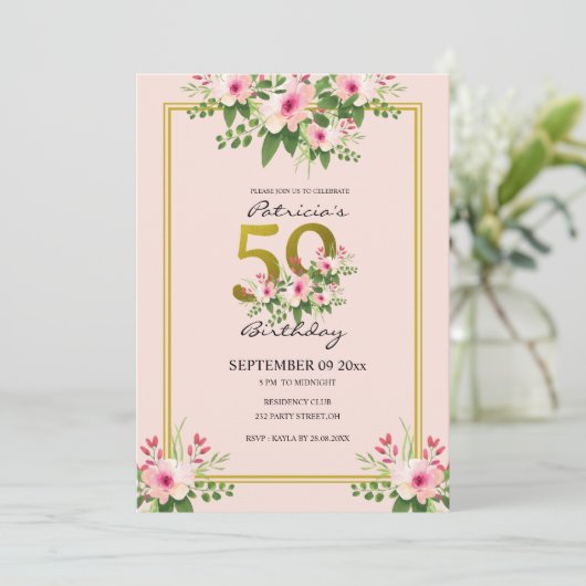 Floral Blush Pink en Gold 50th Birthday Kaart (Staand voorkant)