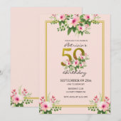  Floral Blush Pink en Gold 50th Birthday Kaart (Voorkant / Achterkant)