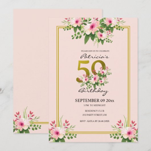  Floral Blush Pink en Gold 50th Birthday Kaart (Voorkant / Achterkant)