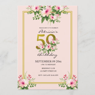 Floral Blush Pink en Gold 50th Birthday Kaart