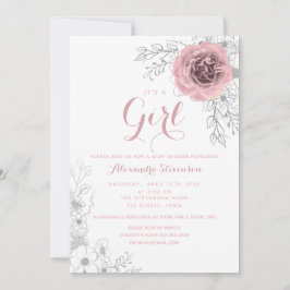 Floral Blush Pink Girl Baby shower Kaart