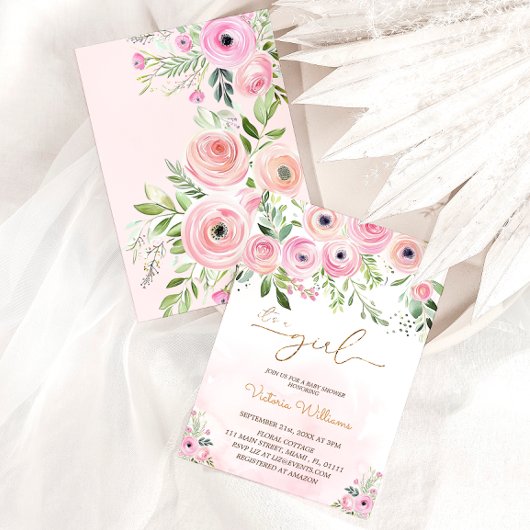 Floral Blush Pink Girl Baby shower Kaart