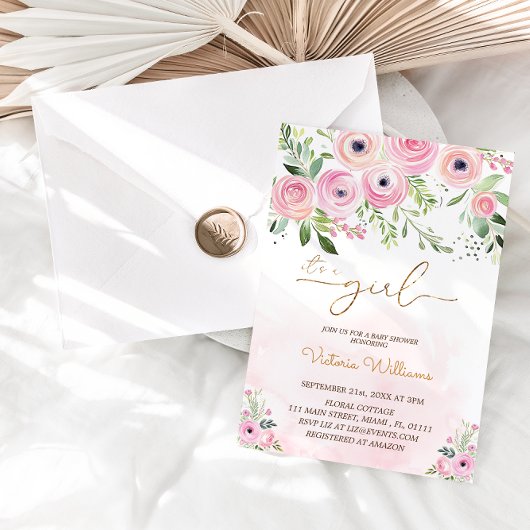 Floral Blush Pink Girl Baby shower Kaart